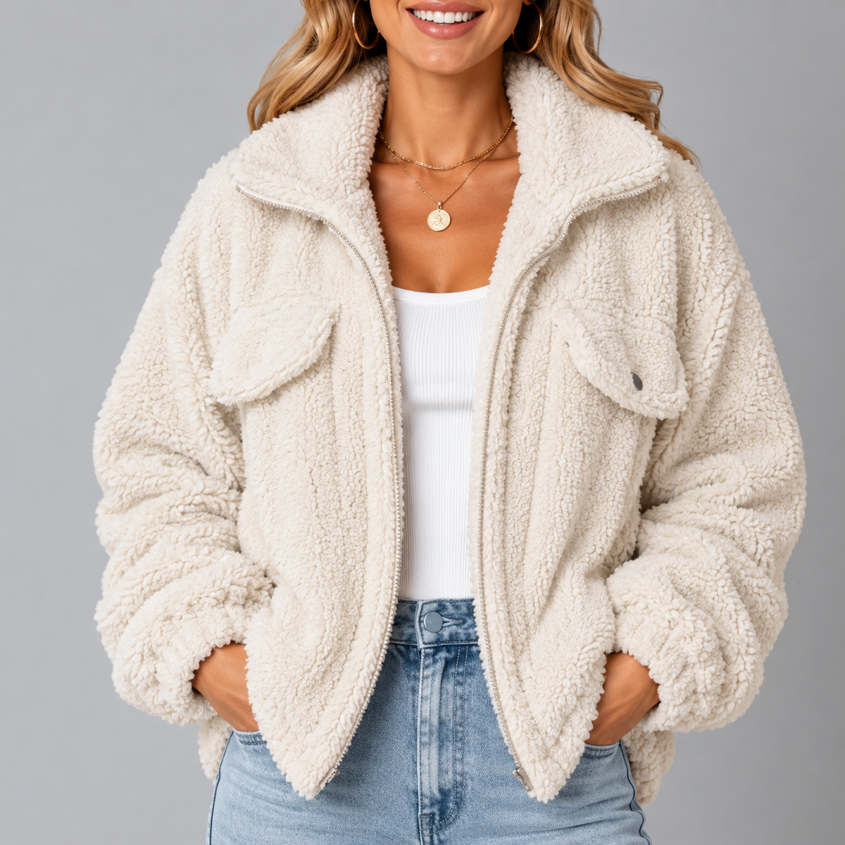 Women's Relaxed Teddy-Texture Jacket with Wide Collar and Gathered Cuffs