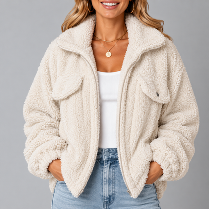 Women's Relaxed Teddy-Texture Jacket with Wide Collar and Gathered Cuffs