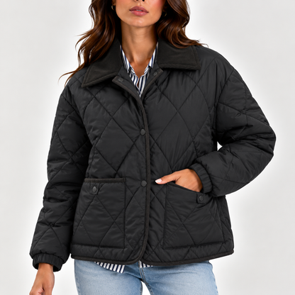 Women's Diamond-Quilted Jacket with Contrast Collar and Snap Front