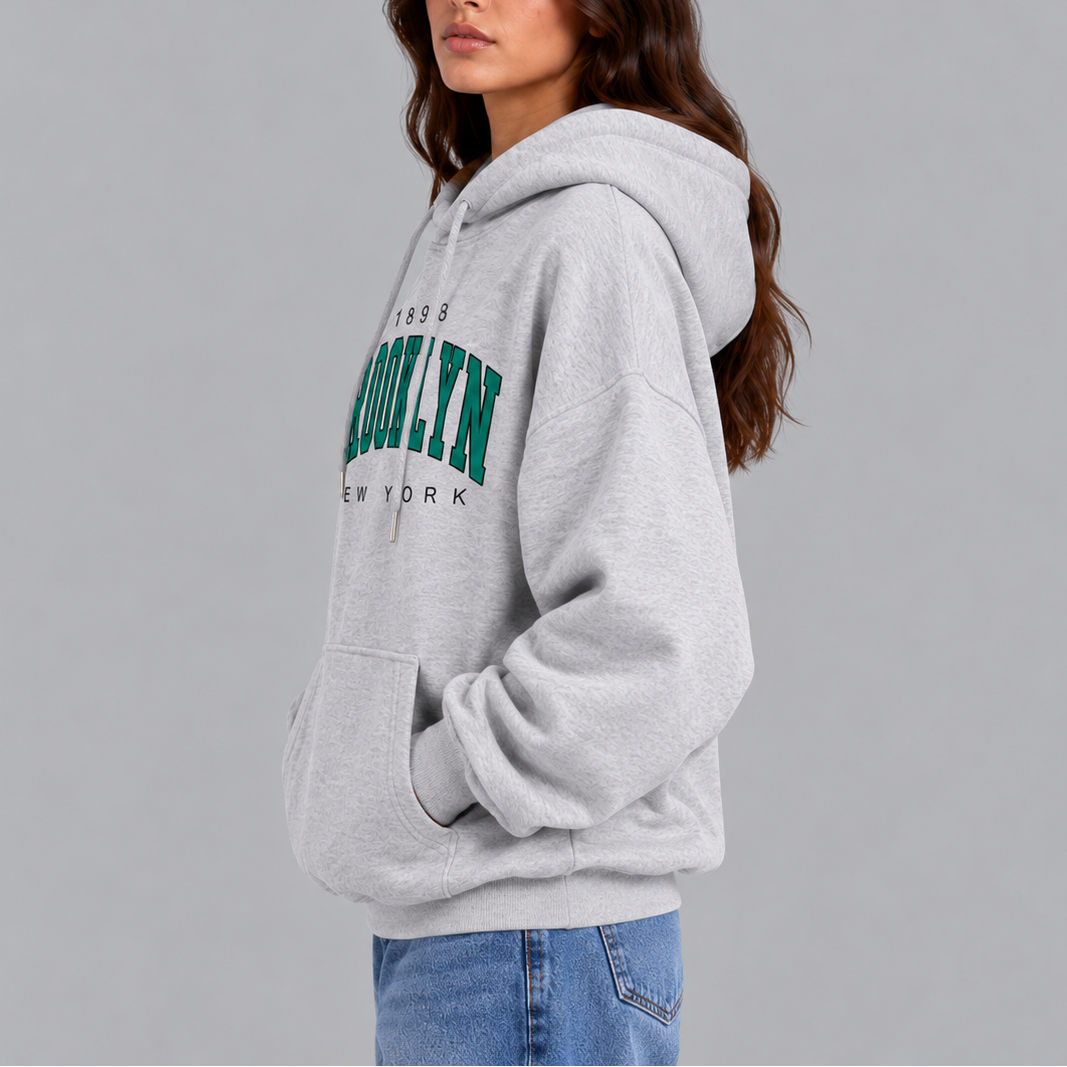 Women's Oversized Brooklyn Graphic Hoodie with Drawstring and Front Pocket