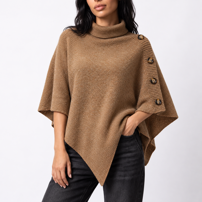 Women's Knit Turtleneck Poncho with Side Buttons and Asymmetric Hem