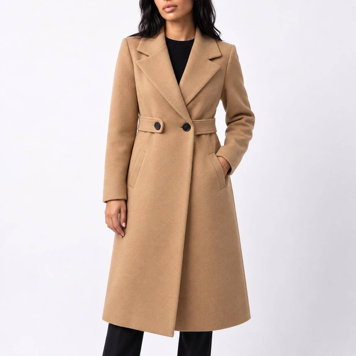 Women's Long Button-Front Coat with Wide Lapels and Shaped Waist