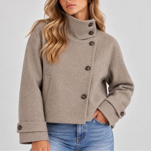 Women's Cropped High-Neck Jacket with Asymmetric Button Front