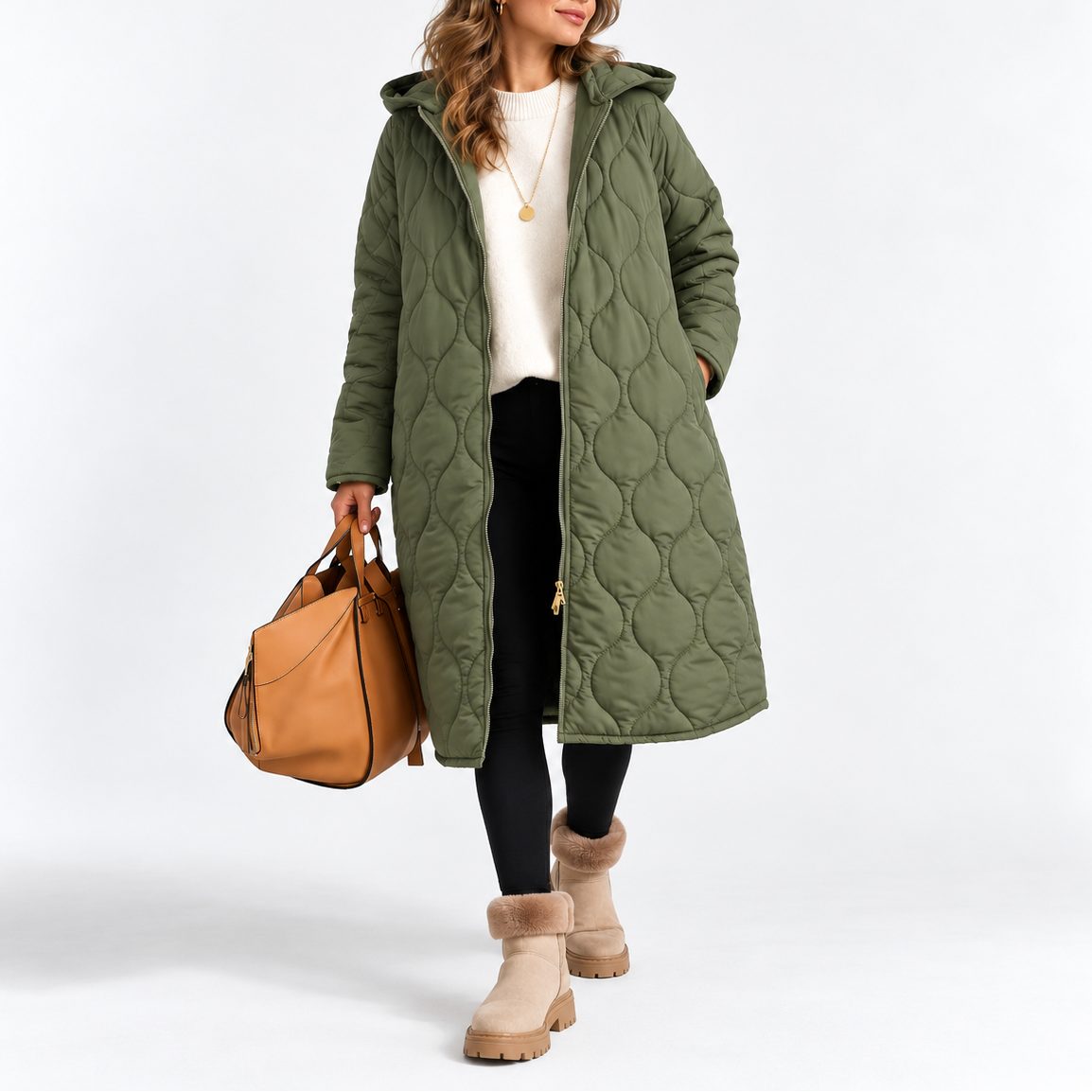 Women's Long Quilted Hooded Coat with Zipper Front and Side Pockets