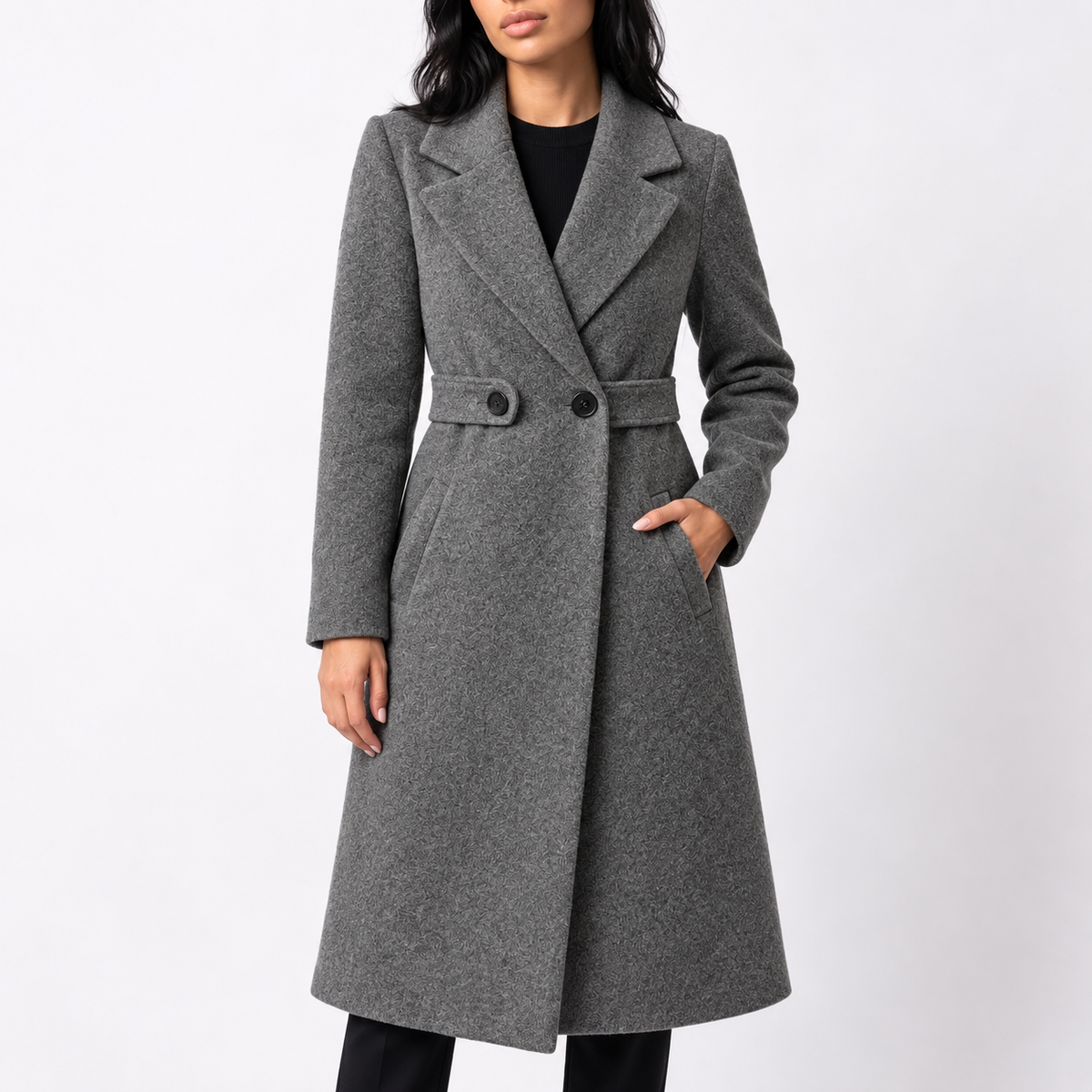 Women's Long Button-Front Coat with Wide Lapels and Shaped Waist
