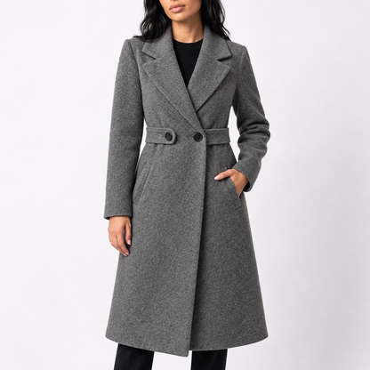 Women's Long Button-Front Coat with Wide Lapels and Shaped Waist