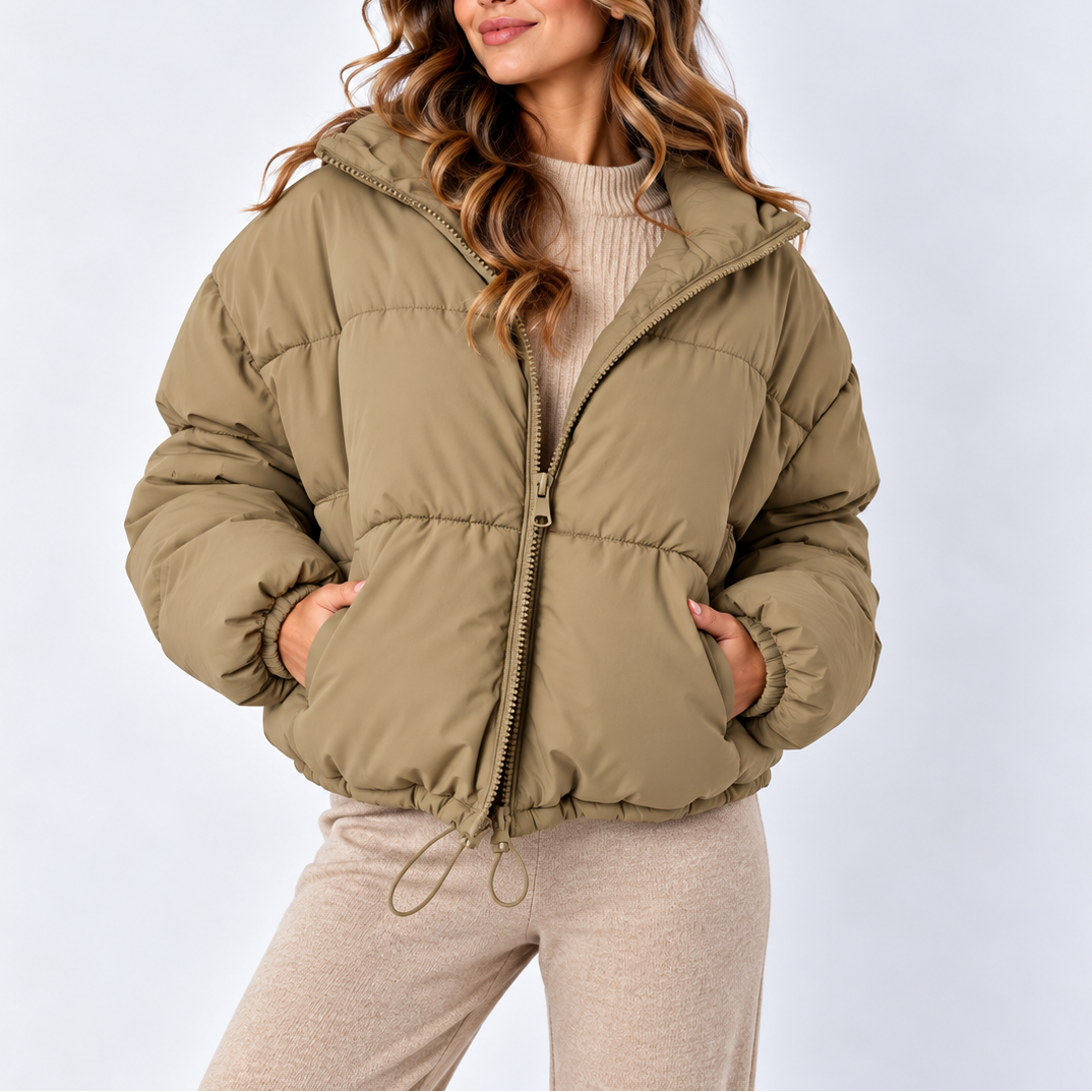 Women's Oversized Puffer Jacket with High Collar and Drawstring Hem
