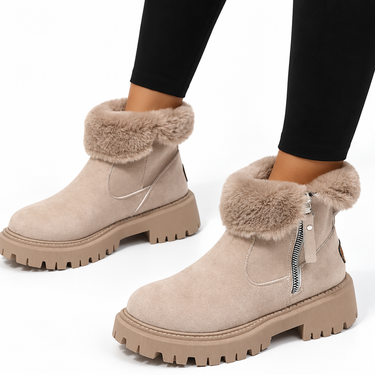 Women's Suede-Look Ankle Boots with Side Zipper and Lug Sole