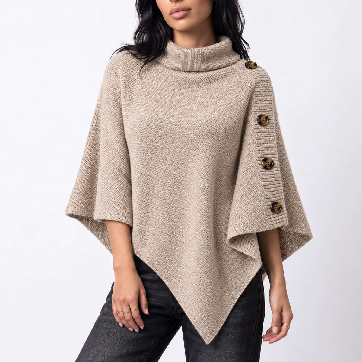 Women's Knit Turtleneck Poncho with Side Buttons and Asymmetric Hem
