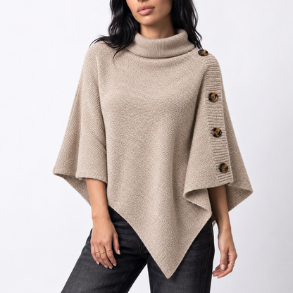 Women's Knit Turtleneck Poncho with Side Buttons and Asymmetric Hem