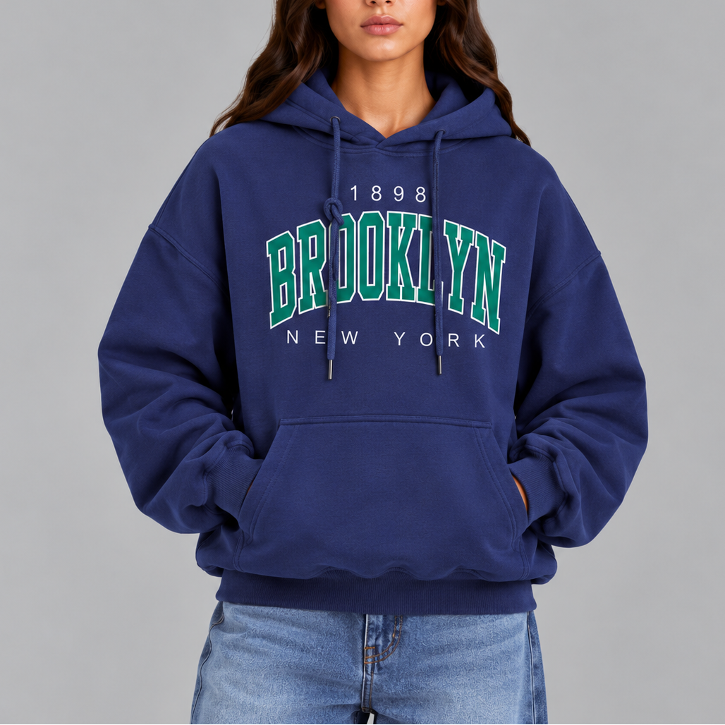 Women's Oversized Brooklyn Graphic Hoodie with Drawstring and Front Pocket