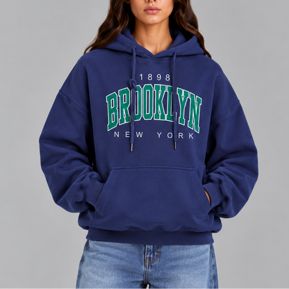 Women's Oversized Brooklyn Graphic Hoodie with Drawstring and Front Pocket