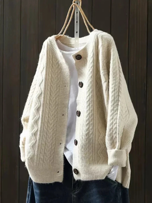 Women's Cable-Knit Cardigan with Button Front and Ribbed Edges
