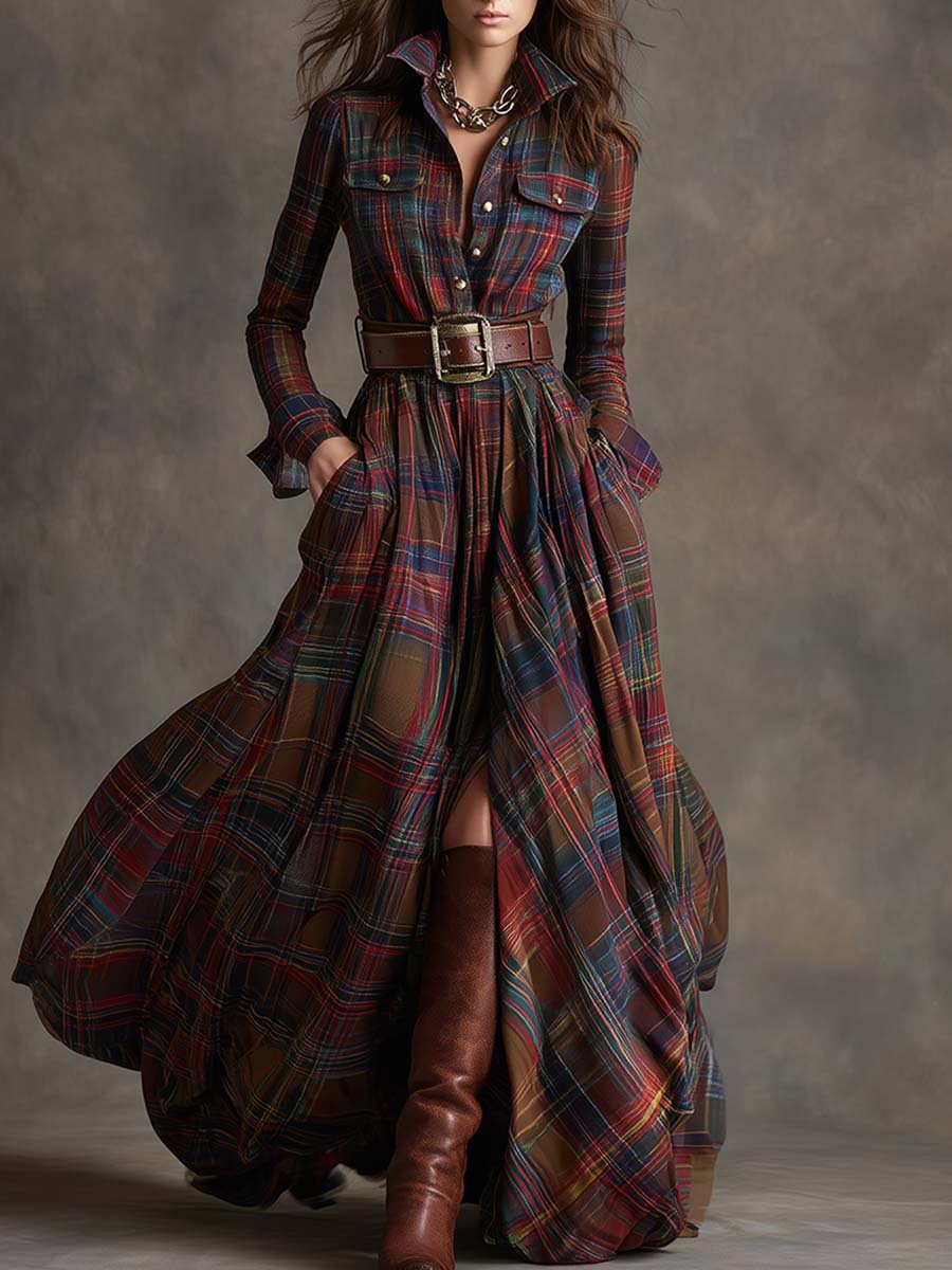 Women's Long Plaid Shirt Dress with Button Front and Tie Waist