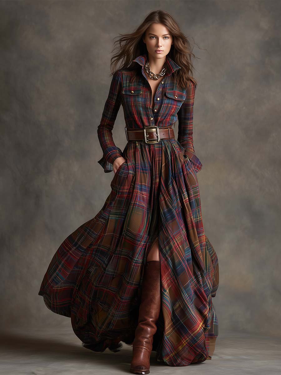 Women's Long Plaid Shirt Dress with Button Front and Tie Waist