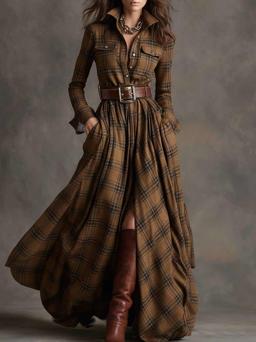 Women's Long Plaid Shirt Dress with Button Front and Tie Waist