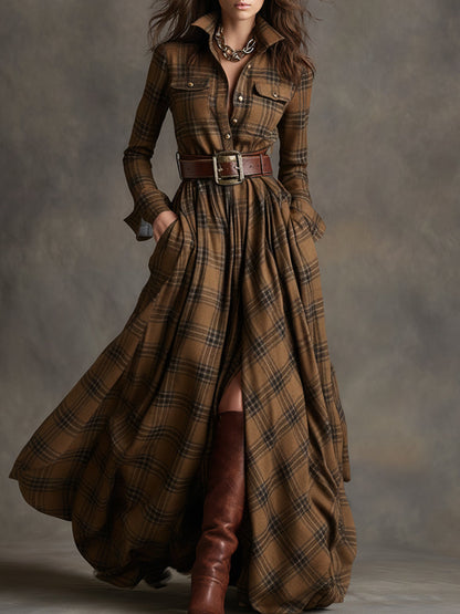 Women's Long Plaid Shirt Dress with Button Front and Tie Waist