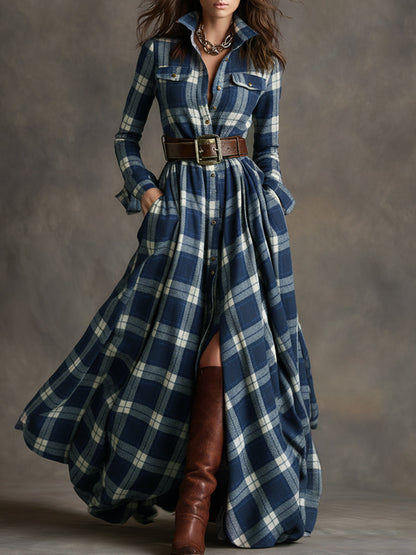 Women's Long Plaid Shirt Dress with Button Front and Tie Waist