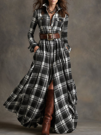 Women's Long Plaid Shirt Dress with Button Front and Tie Waist