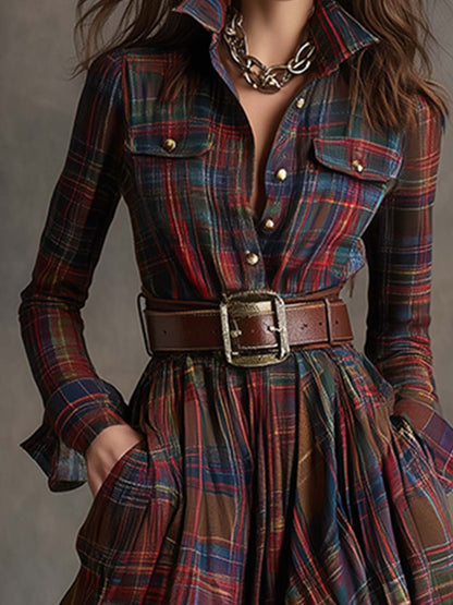 Women's Long Plaid Shirt Dress with Button Front and Tie Waist