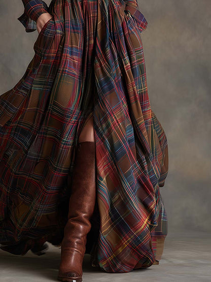Women's Long Plaid Shirt Dress with Button Front and Tie Waist