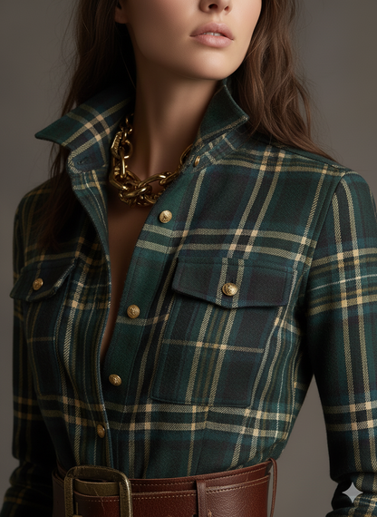 Women's Long Plaid Shirt Dress with Button Front and Tie Waist
