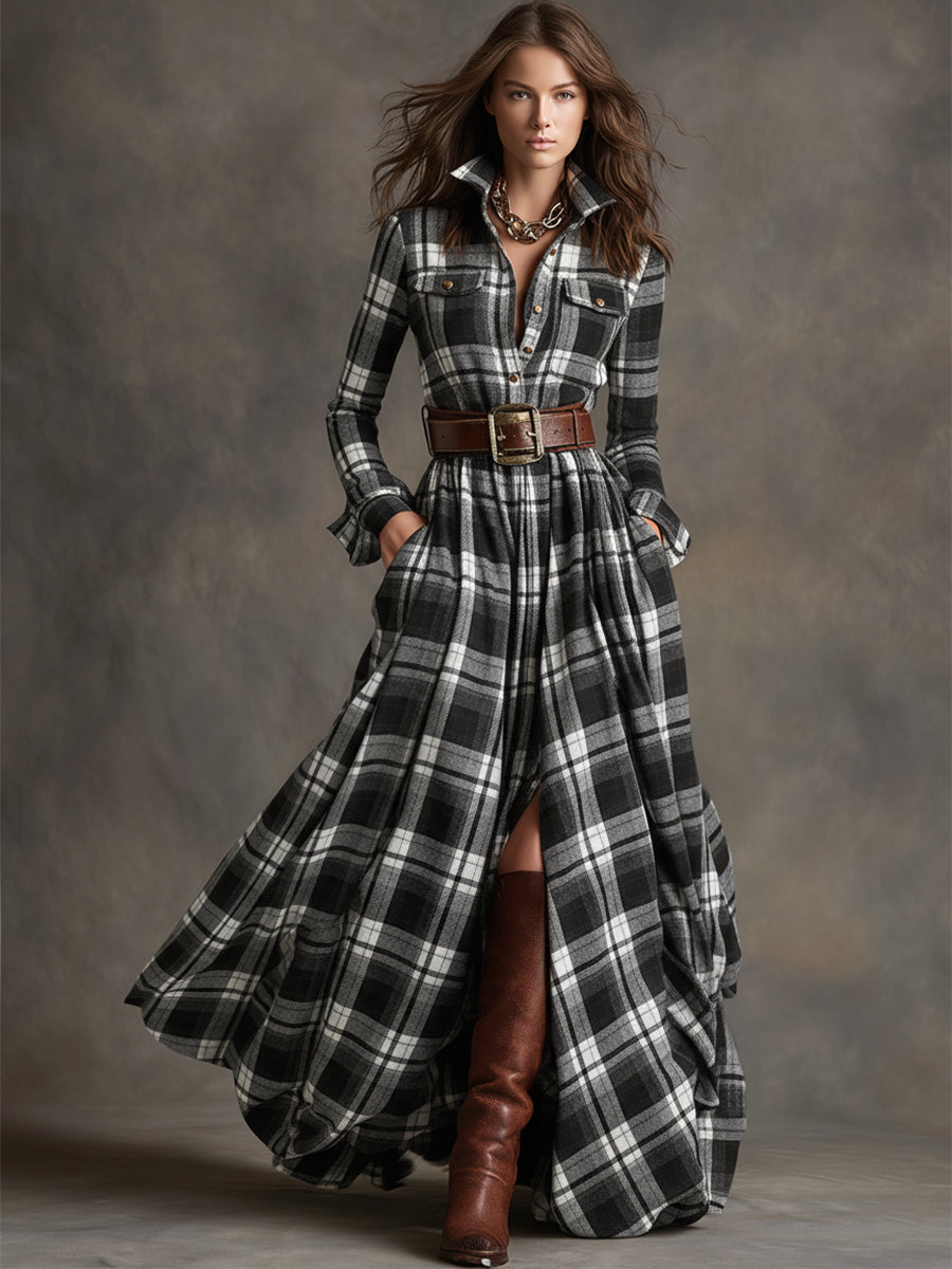 Women's Long Plaid Shirt Dress with Button Front and Tie Waist