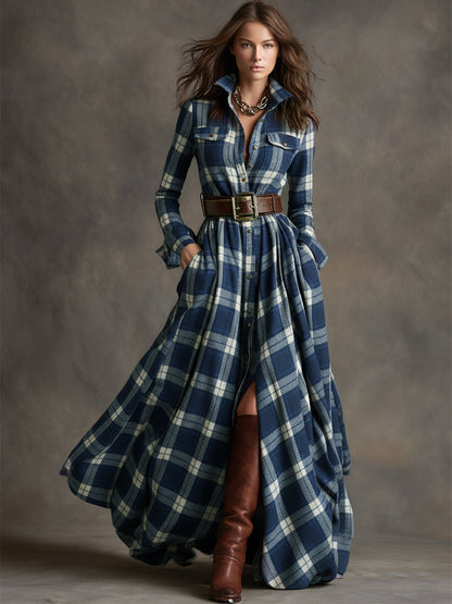 Women's Long Plaid Shirt Dress with Button Front and Tie Waist