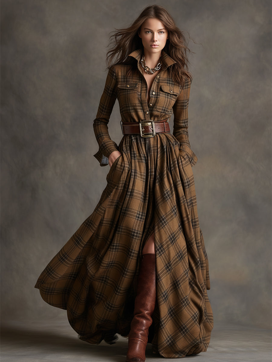 Women's Long Plaid Shirt Dress with Button Front and Tie Waist