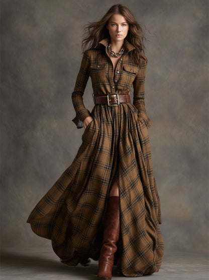 Women's Long Plaid Shirt Dress with Button Front and Tie Waist