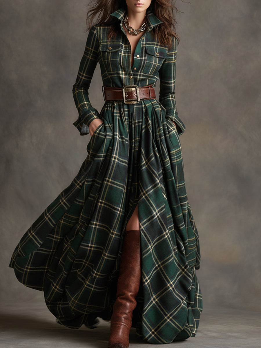 Women's Long Plaid Shirt Dress with Button Front and Tie Waist