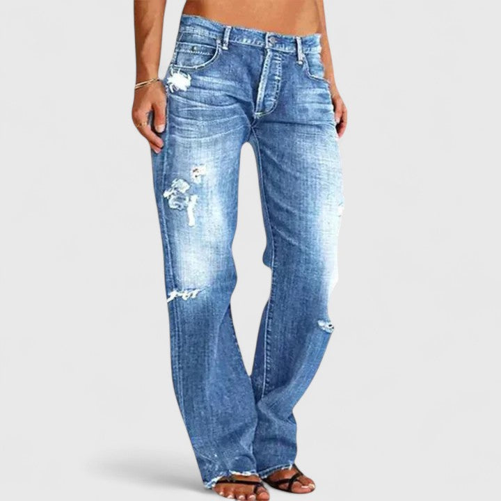 Women's Wide-Leg Jeans with Faded Wash and Distressed Details
