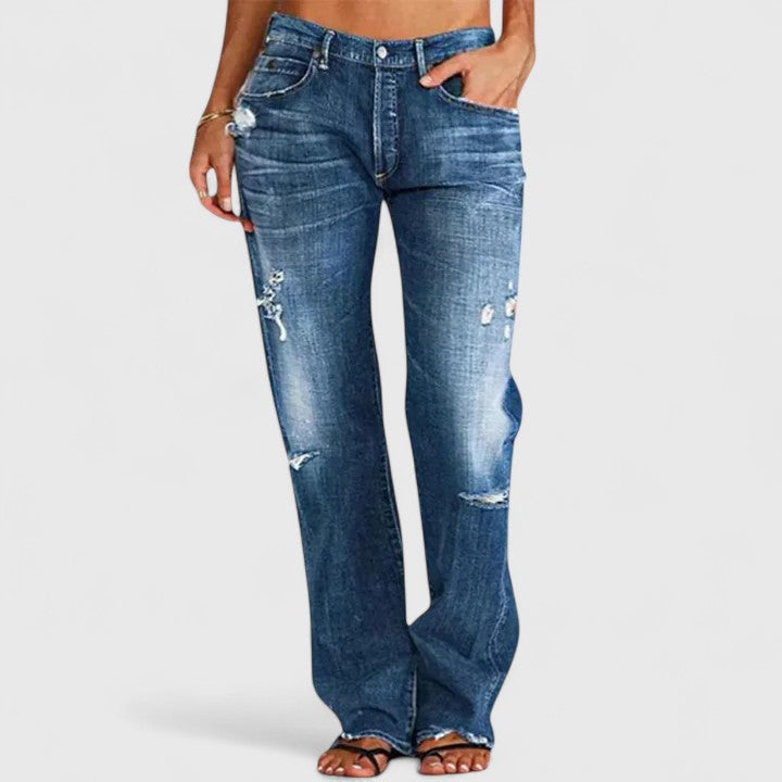 Women's Wide-Leg Jeans with Faded Wash and Distressed Details