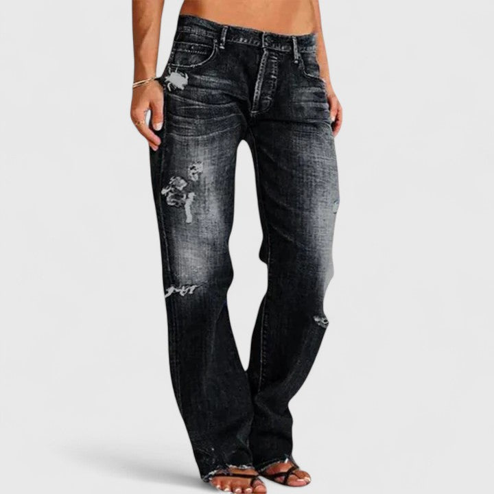 Women's Wide-Leg Jeans with Faded Wash and Distressed Details