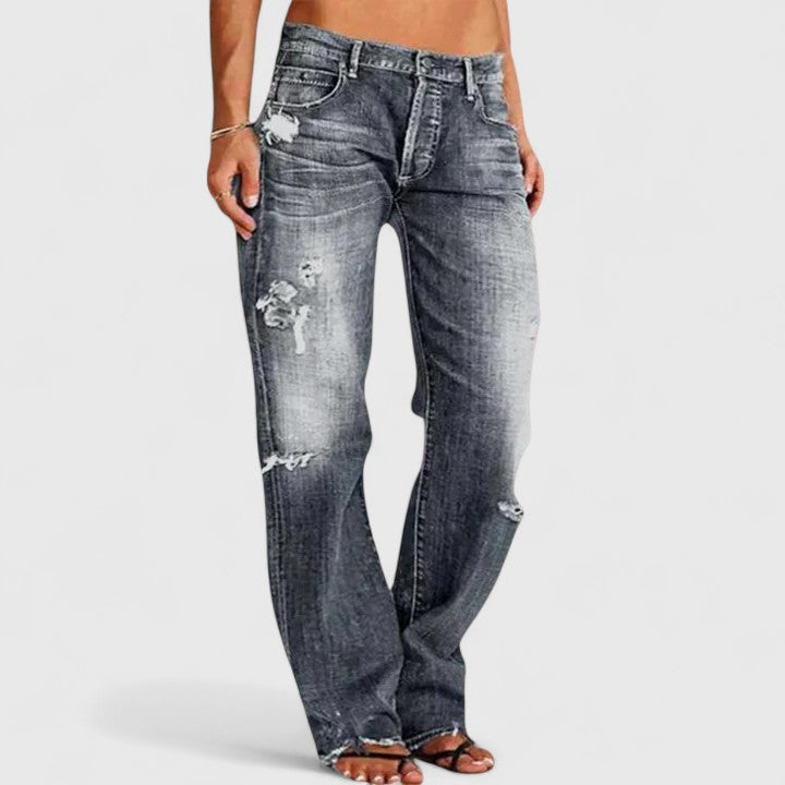 Women's Wide-Leg Jeans with Faded Wash and Distressed Details