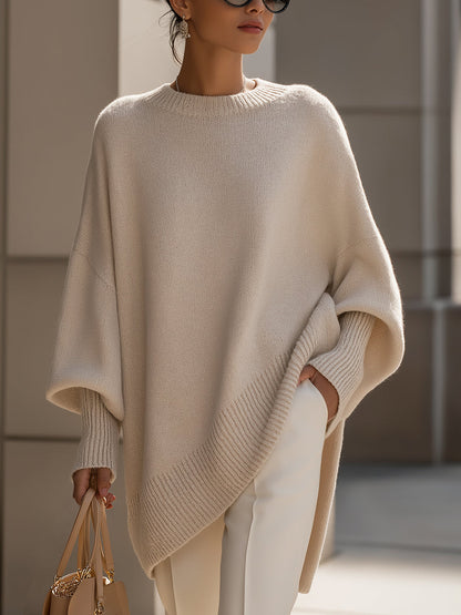Women's Draped Knit Sweater with Crewneck and Wide Sleeves