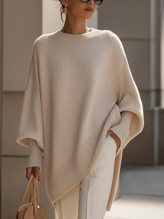 Women's Draped Knit Sweater with Crewneck and Wide Sleeves