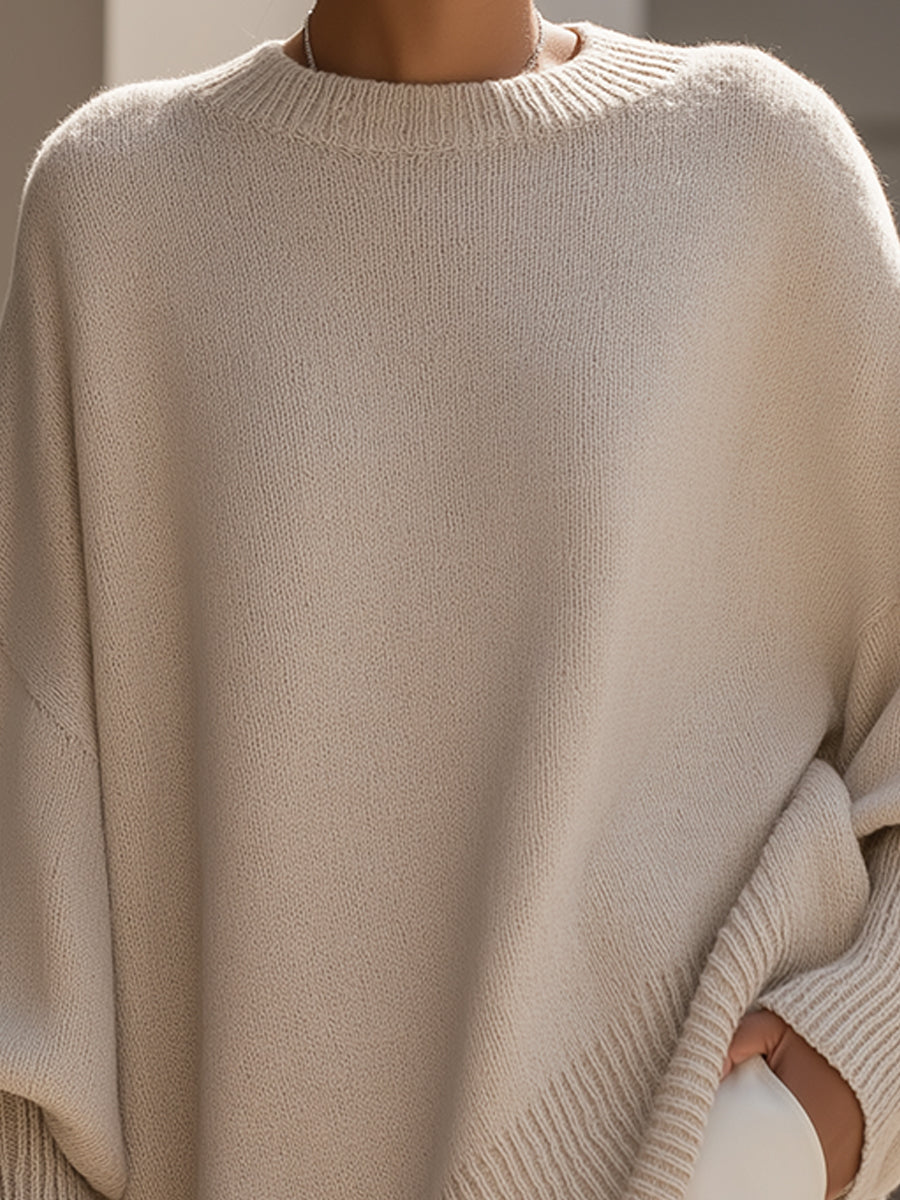 Women's Draped Knit Sweater with Crewneck and Wide Sleeves