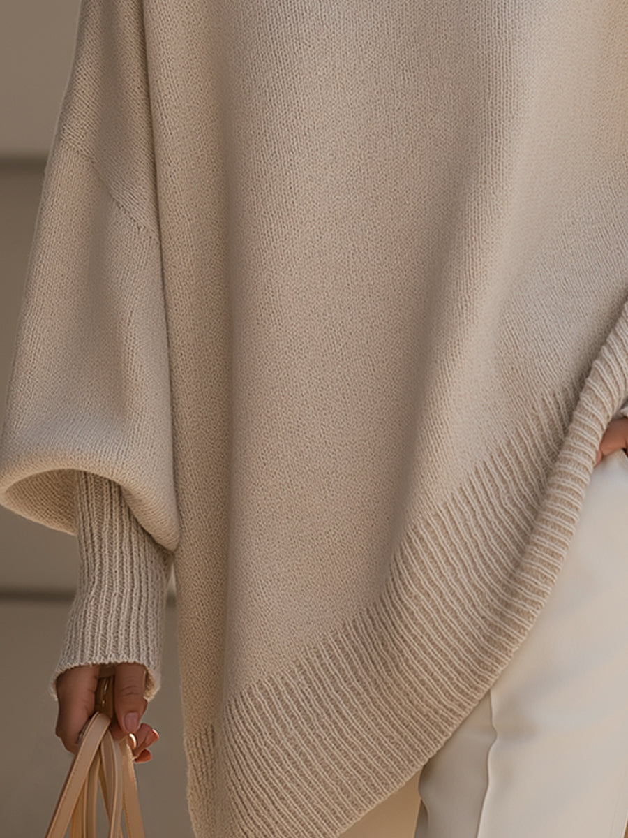 Women's Draped Knit Sweater with Crewneck and Wide Sleeves