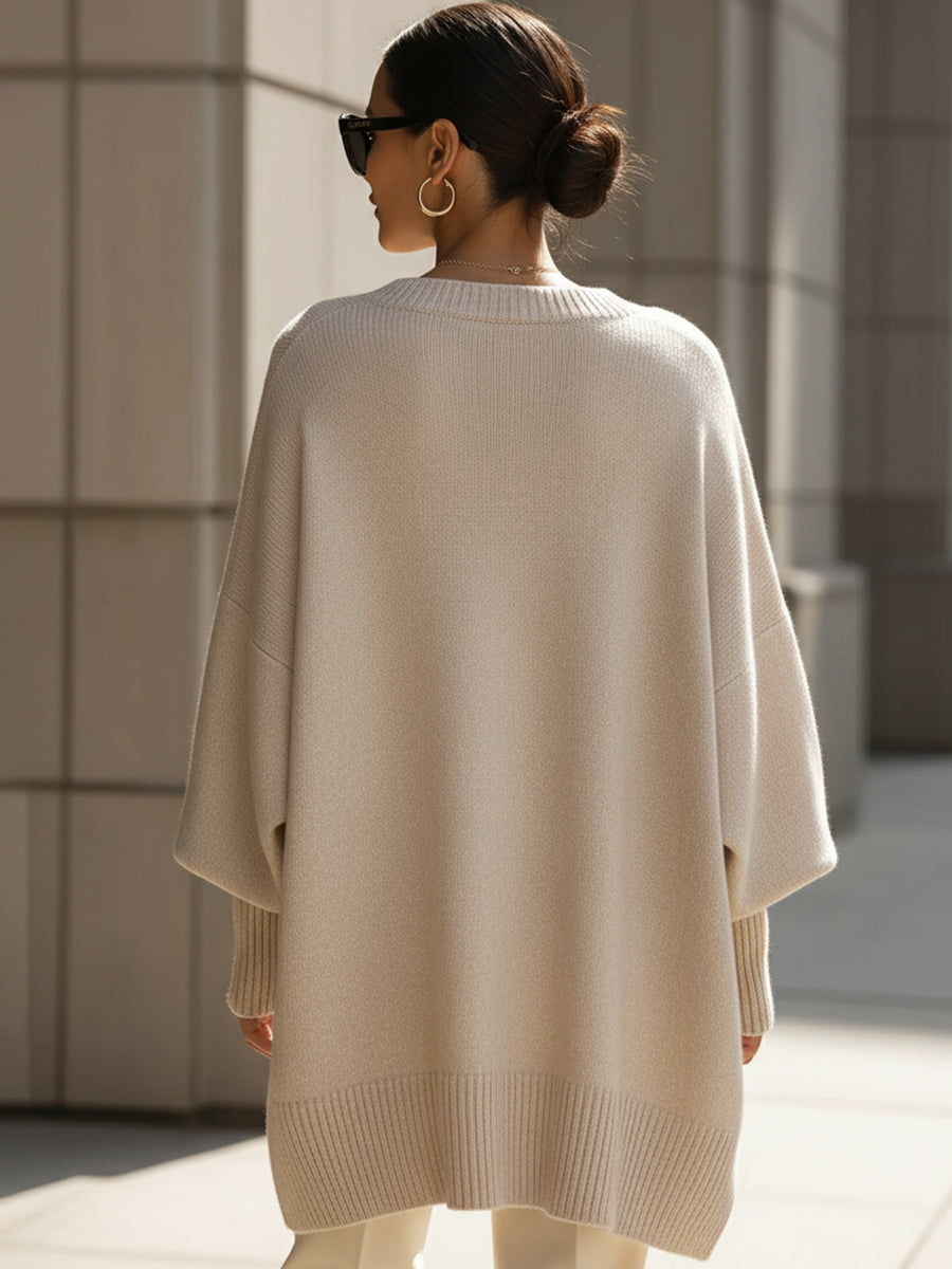 Women's Draped Knit Sweater with Crewneck and Wide Sleeves