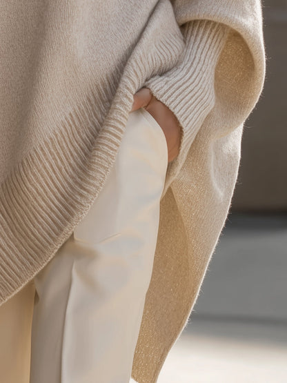 Women's Draped Knit Sweater with Crewneck and Wide Sleeves