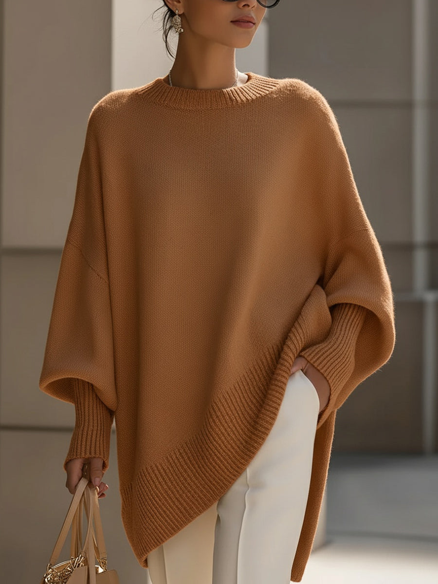 Women's Draped Knit Sweater with Crewneck and Wide Sleeves