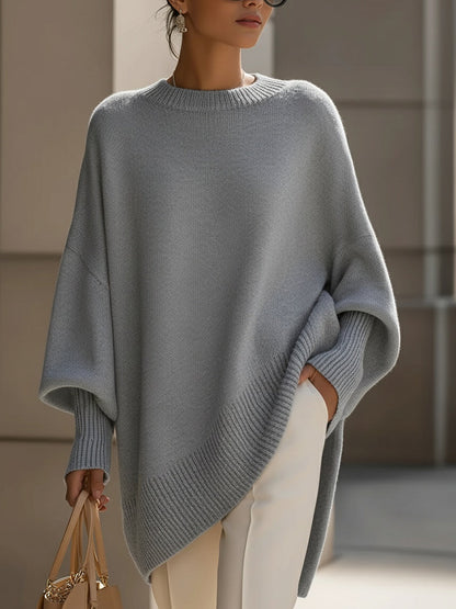 Women's Draped Knit Sweater with Crewneck and Wide Sleeves