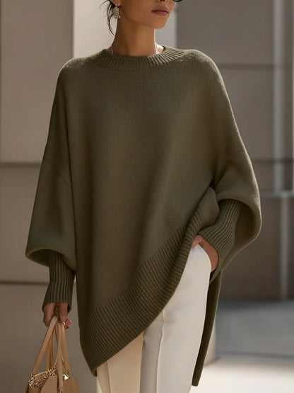 Women's Draped Knit Sweater with Crewneck and Wide Sleeves