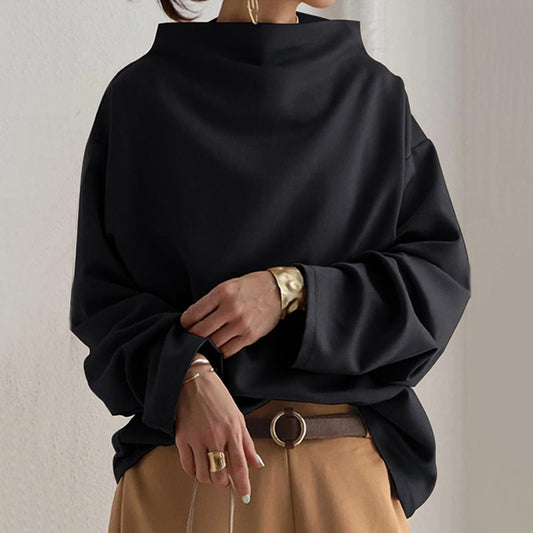 Women's Draped High-Neck Top with Wide Sleeves and Relaxed Shape