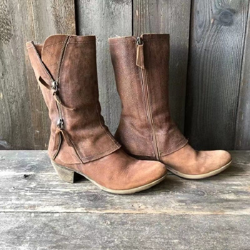 Women's Distressed-Look Mid-Calf Boots with Side Zipper and Low Heel