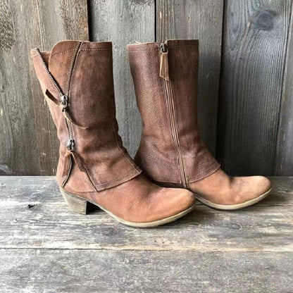 Women's Distressed-Look Mid-Calf Boots with Side Zipper and Low Heel