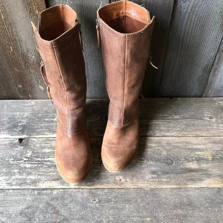 Women's Distressed-Look Mid-Calf Boots with Side Zipper and Low Heel