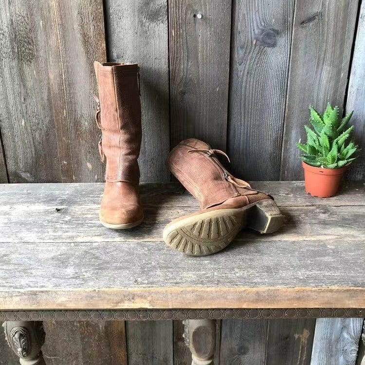 Women's Distressed-Look Mid-Calf Boots with Side Zipper and Low Heel