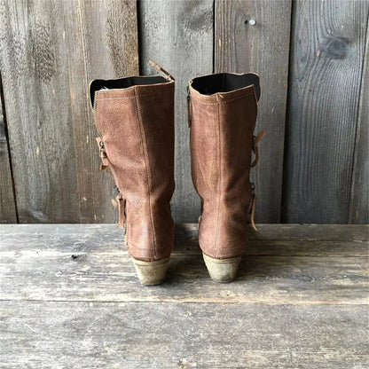 Women's Distressed-Look Mid-Calf Boots with Side Zipper and Low Heel